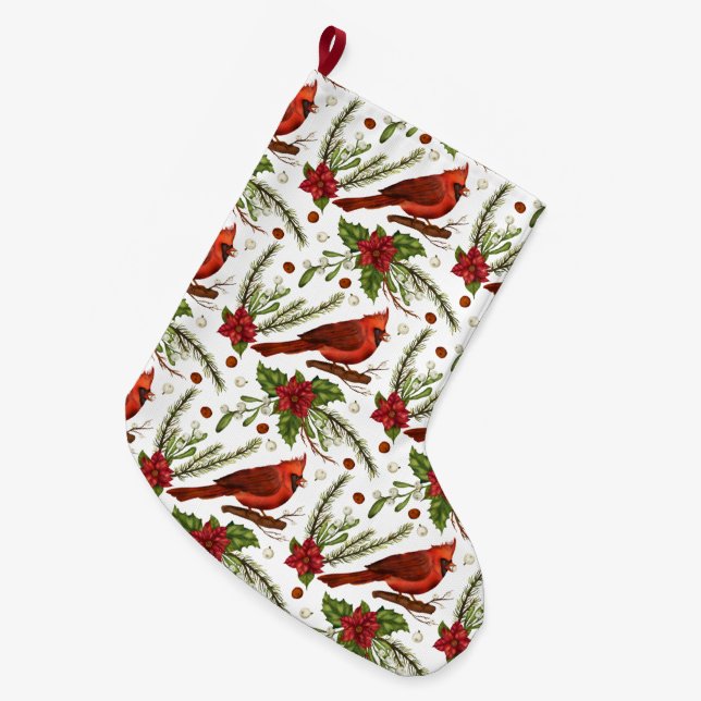 Red Cardinal Large Christmas Stocking (Front (Hanging))