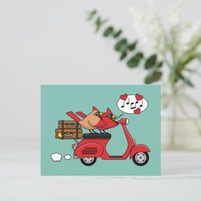 Red Cardinal Lovers on Scooter Holiday Postcard (Standing Front)