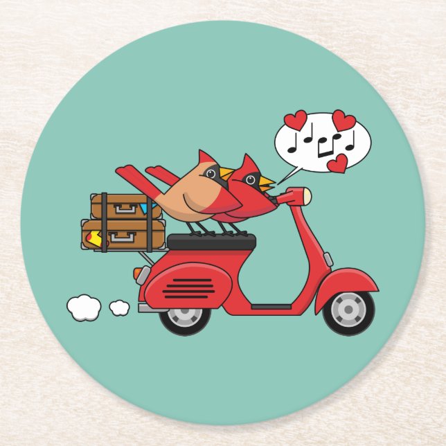 Red Cardinal Lovers on Scooter Round Paper Coaster (Front)