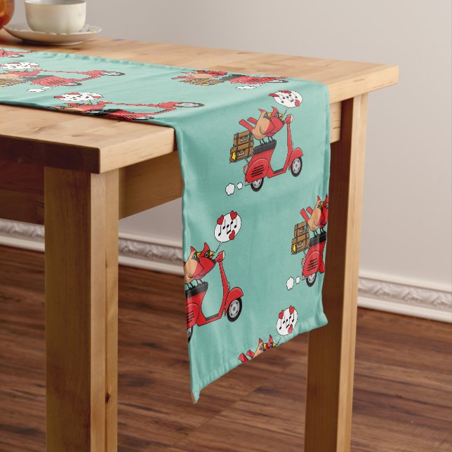 Red Cardinal Lovers on Scooter Short Table Runner (In Situ)