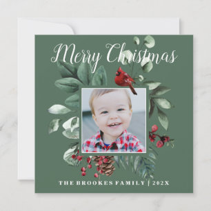 Red Cardinal Merry Christmas Green Photo Card