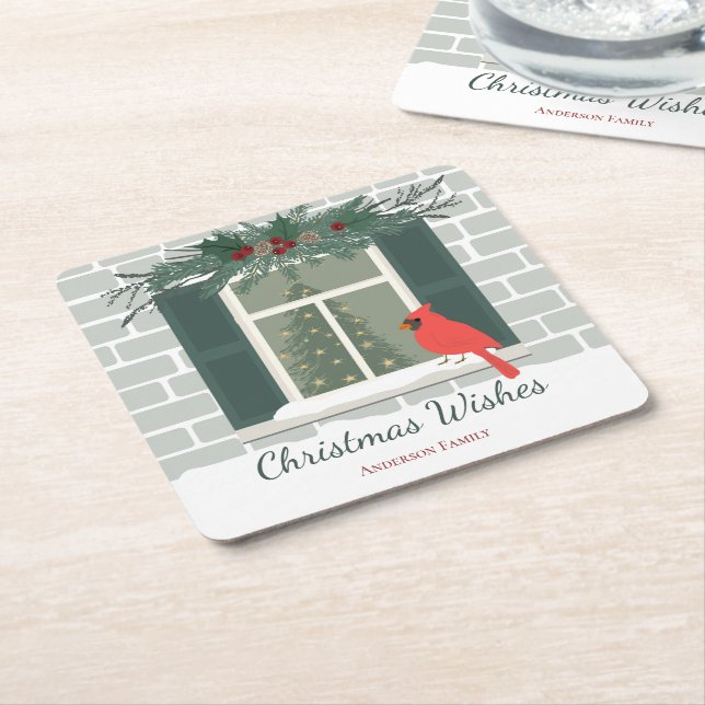 Red Cardinal Merry Christmas Square Paper Coaster (Angled)