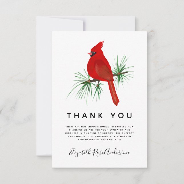 Red Cardinal Modern Sympathy Funeral Thank You Card (Front)