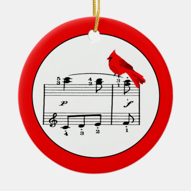 Red Cardinal & Music Christmas Ornament (Front)