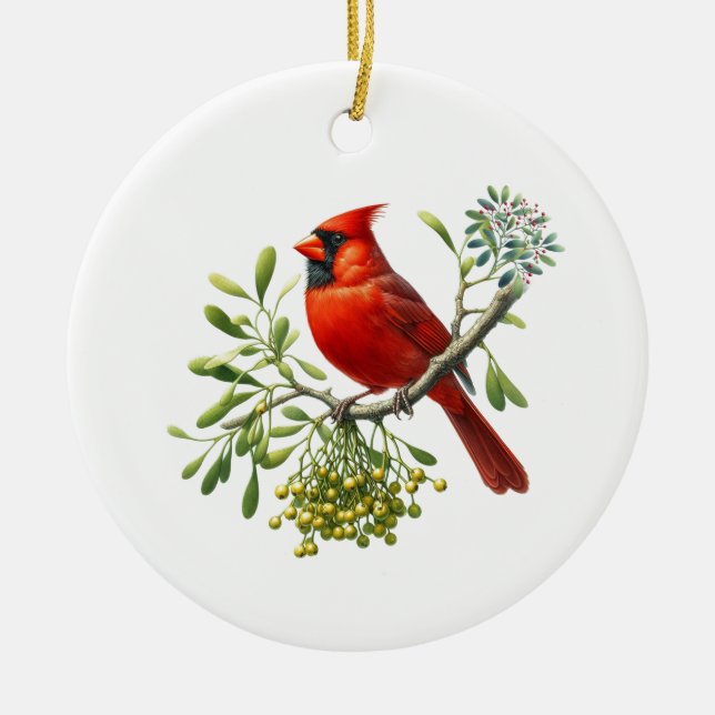 Red Cardinal on a Branch of Mistletoe Ceramic Tree Decoration (Front)