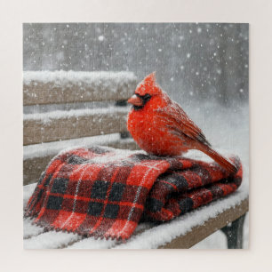 Red Cardinal on a Snowy Plaid Blanket Jigsaw Puzzle