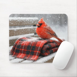 Red Cardinal on a Snowy Plaid Blanket Mouse Mat