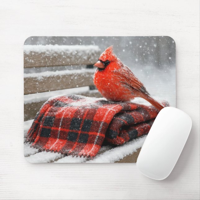 Red Cardinal on a Snowy Plaid Blanket Mouse Mat (With Mouse)