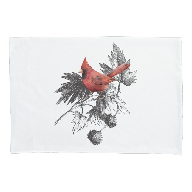 Red Cardinal on Black & White Branch Pillowcase (Front-Left)