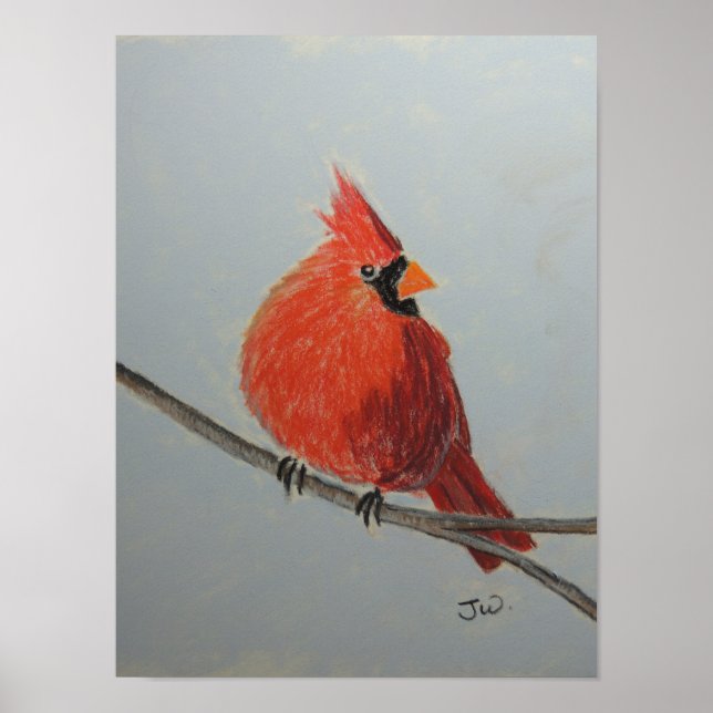 Red Cardinal on Branch in Pastels Poster (Front)