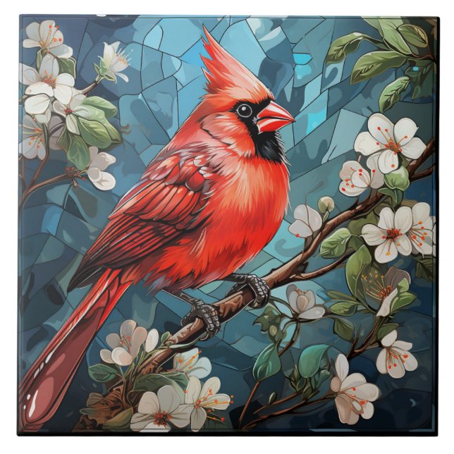 Red Cardinal on Branch, Stained Glass Background Tile (Front)