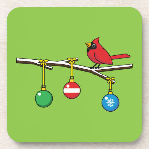 Red Cardinal on Christmas Bare Branch Coaster