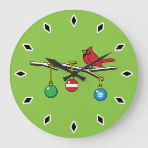 Red Cardinal on Christmas Bare Branch Large Clock