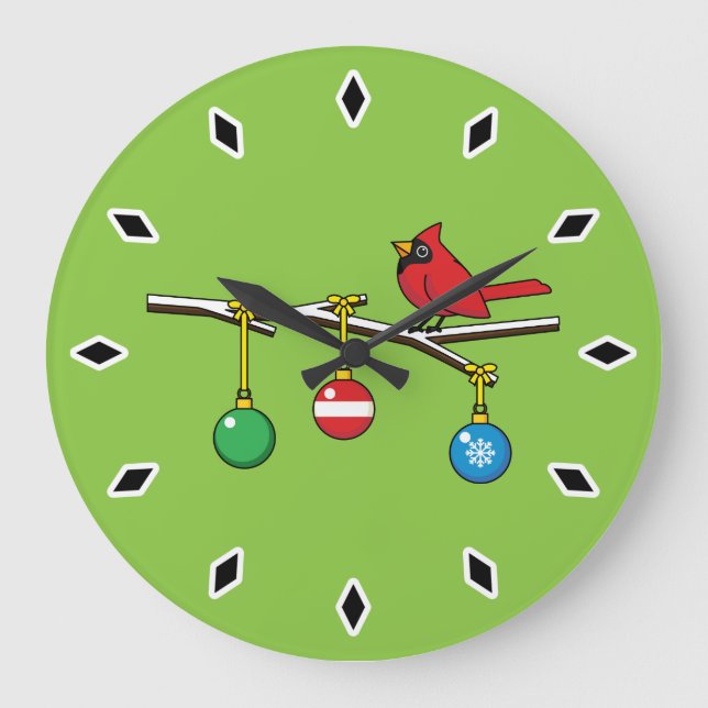 Red Cardinal on Christmas Bare Branch Large Clock (Front)