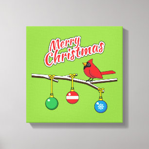 Red Cardinal on Christmas Bare Branch - Merry Xmas Canvas Print