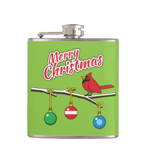 Red Cardinal on Christmas Bare Branch - Merry Xmas Hip Flask
