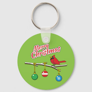 Red Cardinal on Christmas Bare Branch - Merry Xmas Key Ring