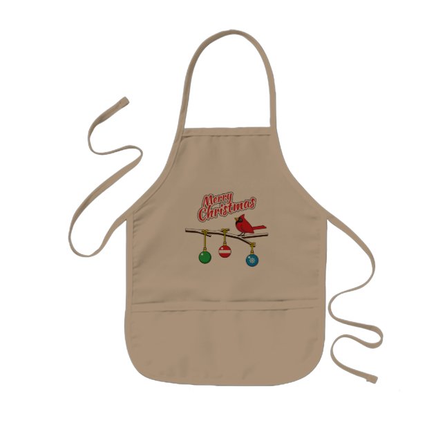 Red Cardinal on Christmas Bare Branch - Merry Xmas Kids Apron (Front)
