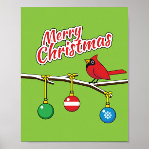 Red Cardinal on Christmas Bare Branch - Merry Xmas Poster
