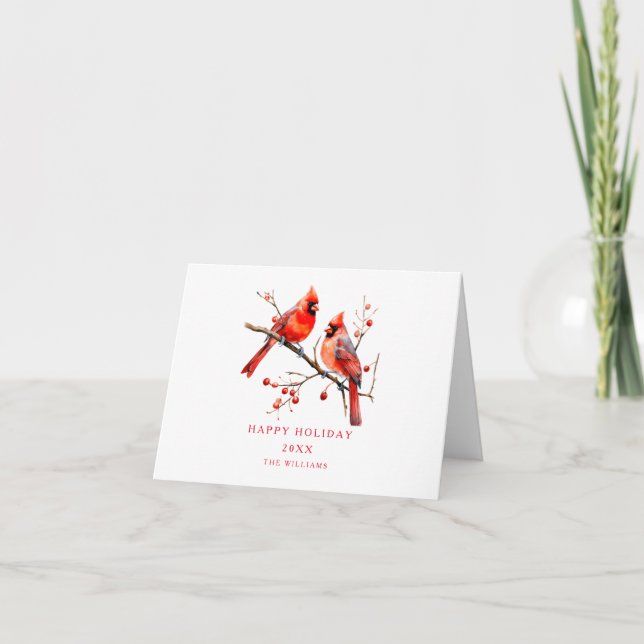 Red Cardinal on Holly Tree Greeting Card (Front)