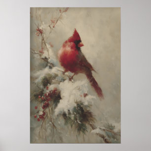 Red Cardinal On Snowy Branch, Victorian Vintage Poster