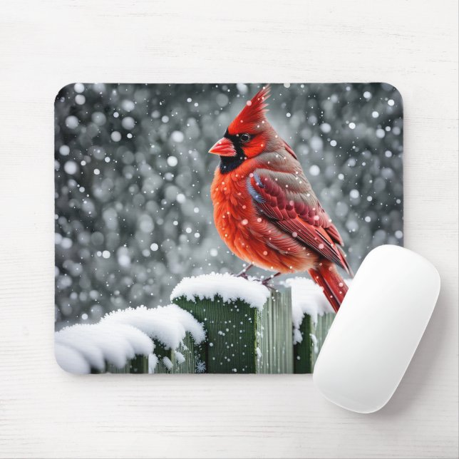 Red Cardinal On Snowy Fence Mouse Mat (With Mouse)