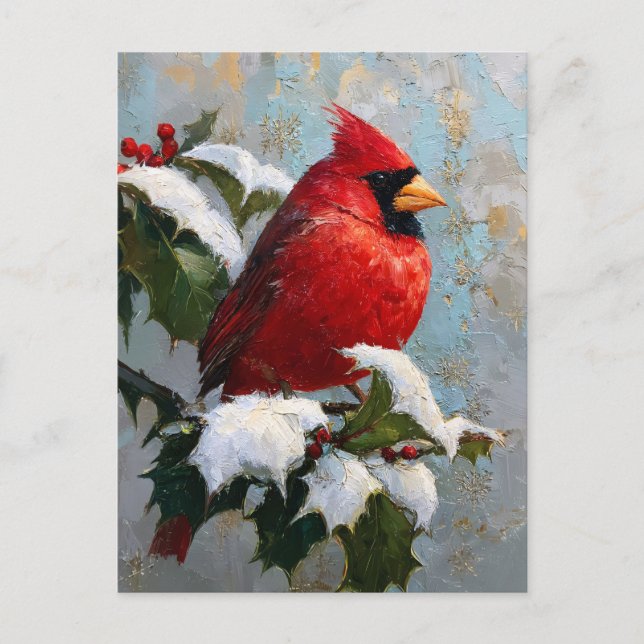 Red Cardinal on Snowy Holly Postcard (Front)