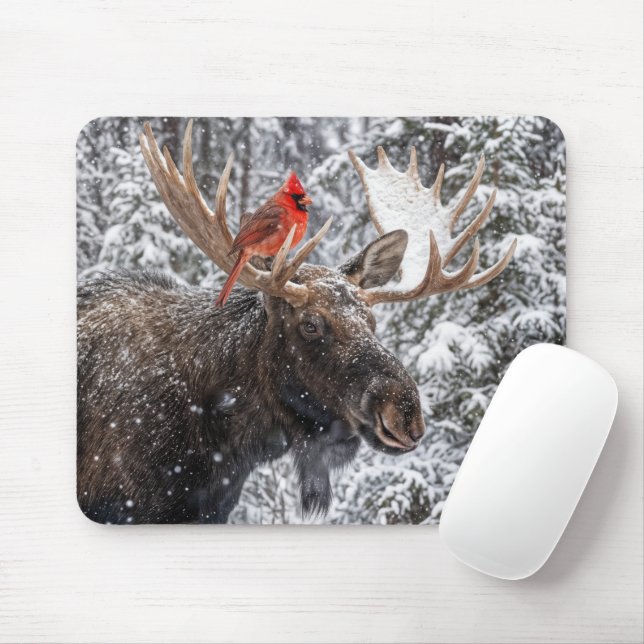 Red Cardinal On Snowy Moose Antlers Mouse Mat (With Mouse)