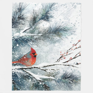 Red Cardinal on Snowy Pine Branch Fleece Blanket