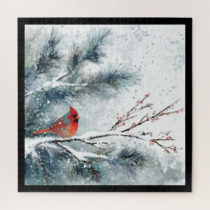 Red Cardinal on Snowy Pine Branch Jigsaw Puzzle