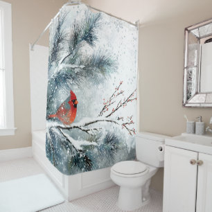 Red Cardinal on Snowy Pine Branch Shower Curtain