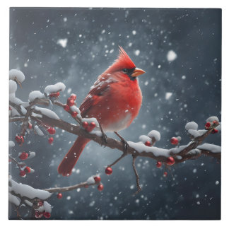 Red Cardinal on Tree Branch in Snow Tile