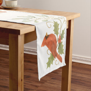 Red Cardinal On Winter Holly & Mistletoe Short Table Runner