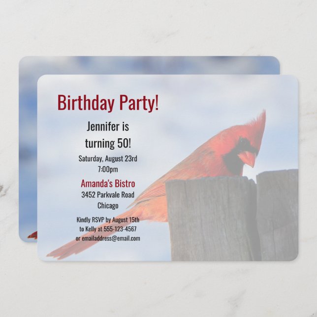 Red Cardinal on Wooden Stump Birthday Party Event Invitation (Front/Back)