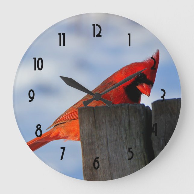 Red Cardinal on Wooden Stump Large Clock (Front)