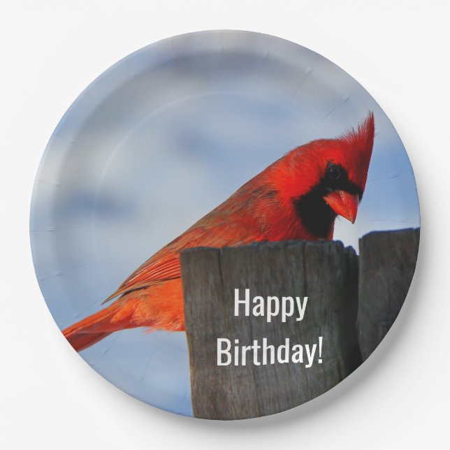 Red Cardinal on Wooden Stump Paper Plate (Front)