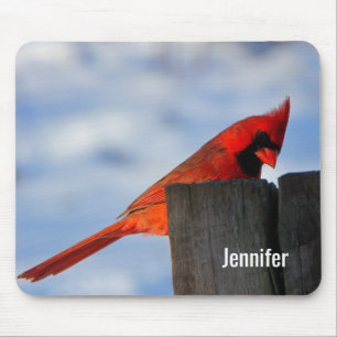 Red Cardinal on Wooden Stump Personalised Mouse Mat