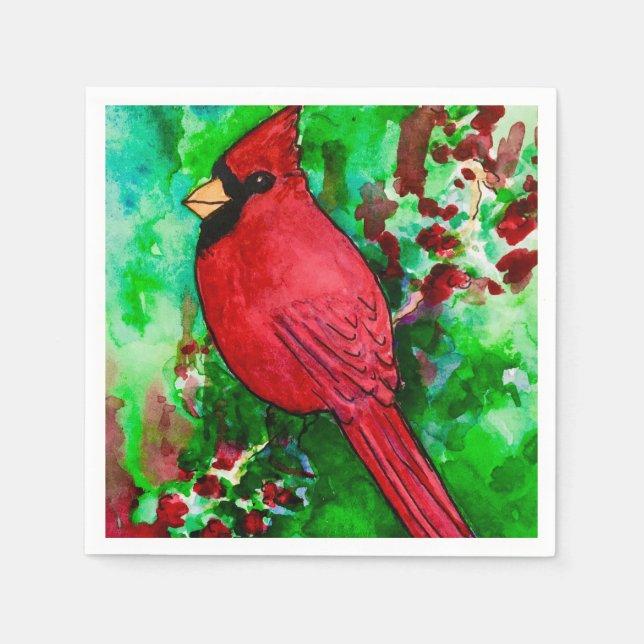 Red Cardinal Party Paper Napkins Watercolor (Front)