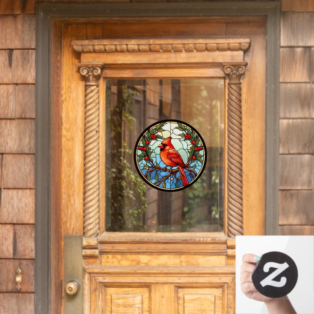 Red Cardinal Perched In A Tree Faux Stained Glass Window Cling (Home Door)