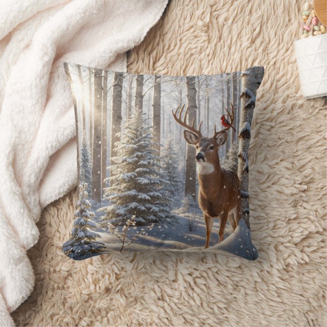 Red Cardinal Perched On A Deer's Antlers Cushion (Blanket)