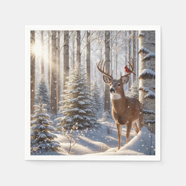 Red Cardinal Perched On A Deer's Antlers Napkin (Front)