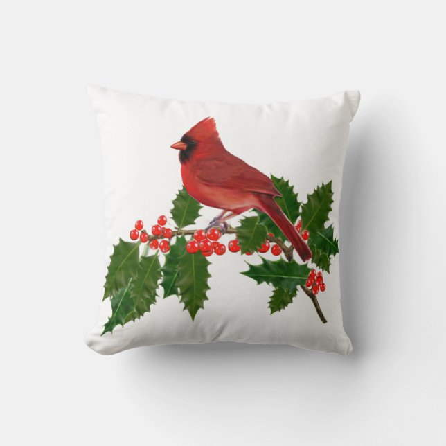 RED CARDINAL PERCHED ON HOLLY CUSHION (Front)