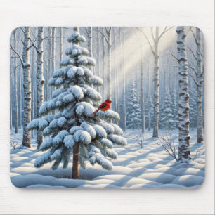 Red Cardinal Perched On Snowy Pine Tree Mouse Mat