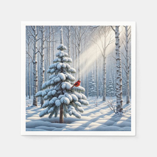 Red Cardinal Perched On Snowy Pine Tree Napkin (Front)