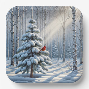 Red Cardinal Perched On Snowy Pine Tree Paper Plate