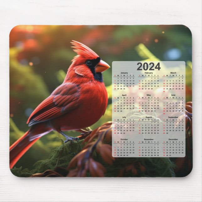 Red Cardinal Perched on Tree Branch 2024 Calendar Mouse Mat (Front)