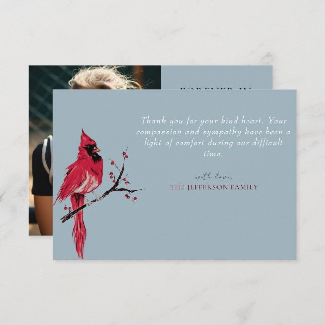 Red Cardinal Photo Funeral Thank You Card (Front/Back)