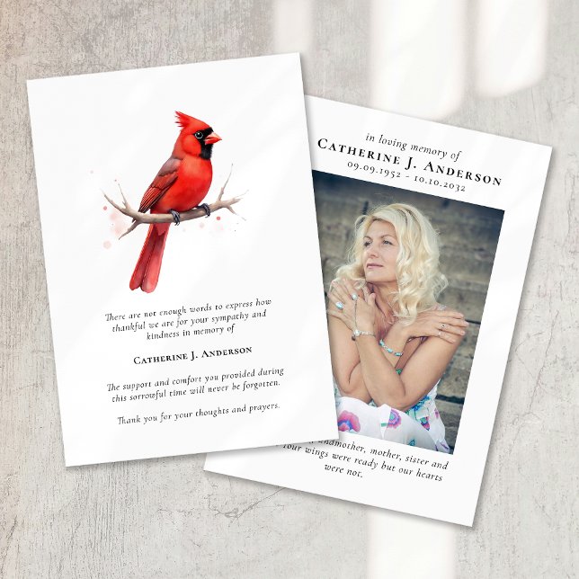 Red Cardinal Photo Sympathy Funeral Memorial Thank You Card (Creator Uploaded)