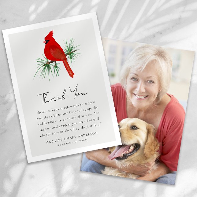 Red Cardinal Photo Sympathy Funeral Thank You Card (Creator Uploaded)