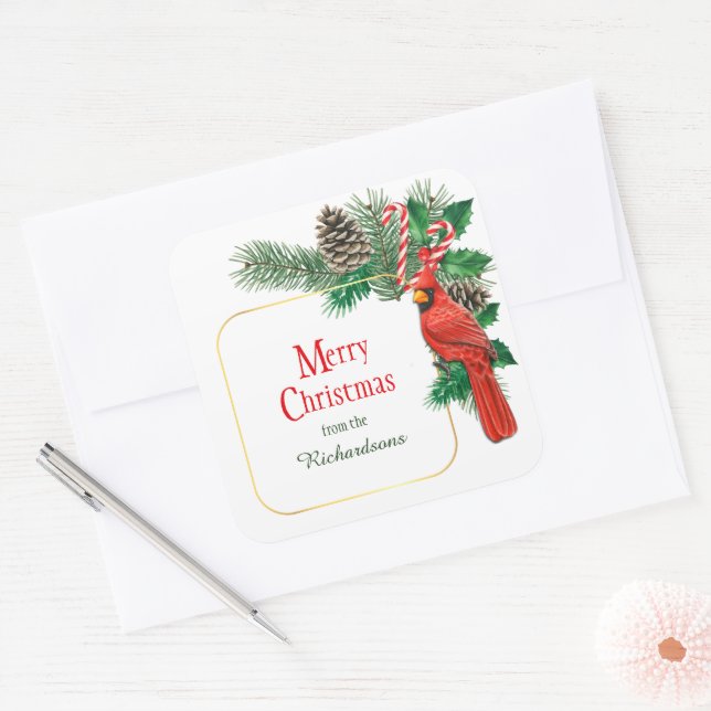 Red Cardinal Pine Cone Bouquet Christmas Square Sticker (Envelope)